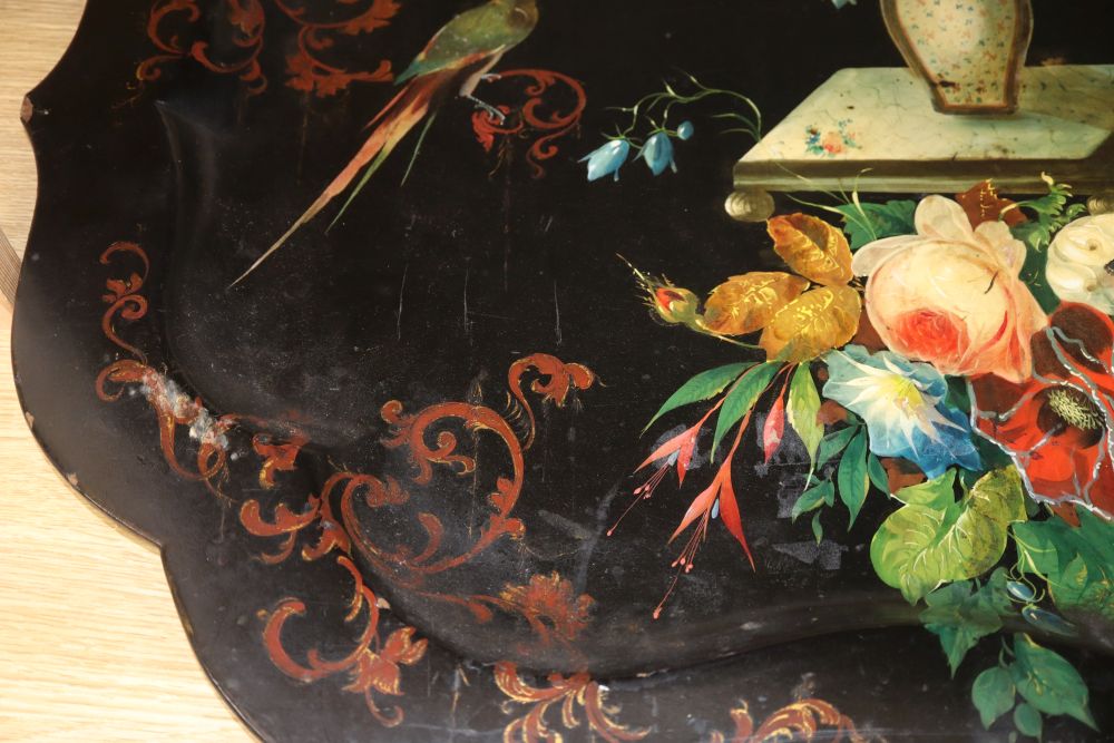 A Victorian painted papier mache tray, length 82cm